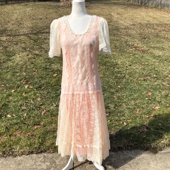 Vintage | Dresses | Vintage 8s Does 20s Cream Lace Pink Flapper Drop Waist  Dress Downton Regency | Poshmark